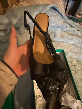 J.Renee Black Slingback Peep-Toe Heels with Bow Accent